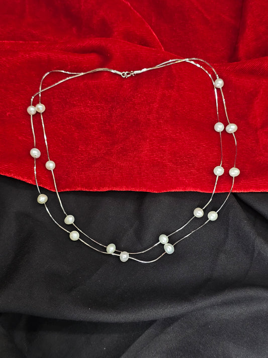 Silver Pearl Necklace in two line